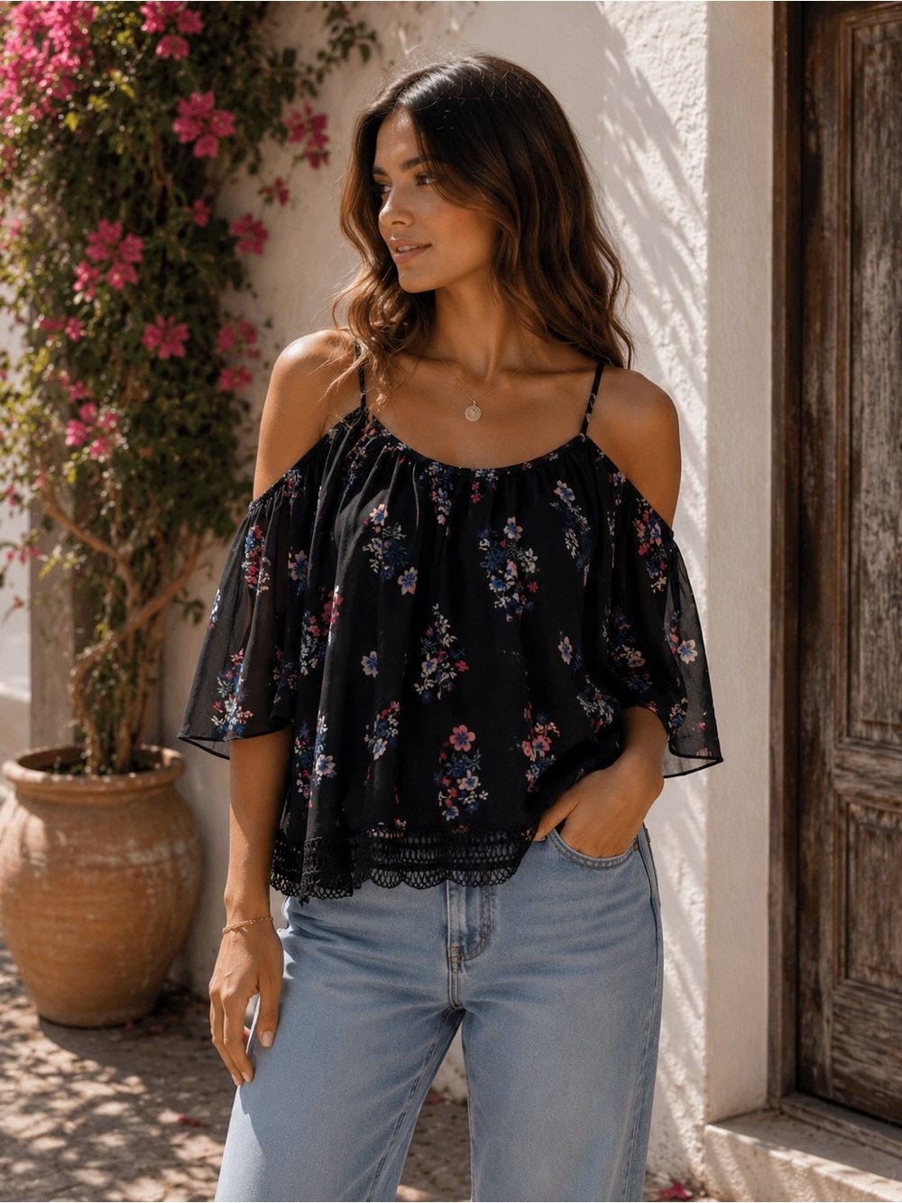 NICHOLAS Black Floral Cold-Shoulder Camisole